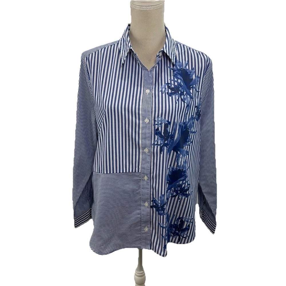 Chicos 2 Blue White Striped Floral Button Shirt Womens Large Long Sleeve